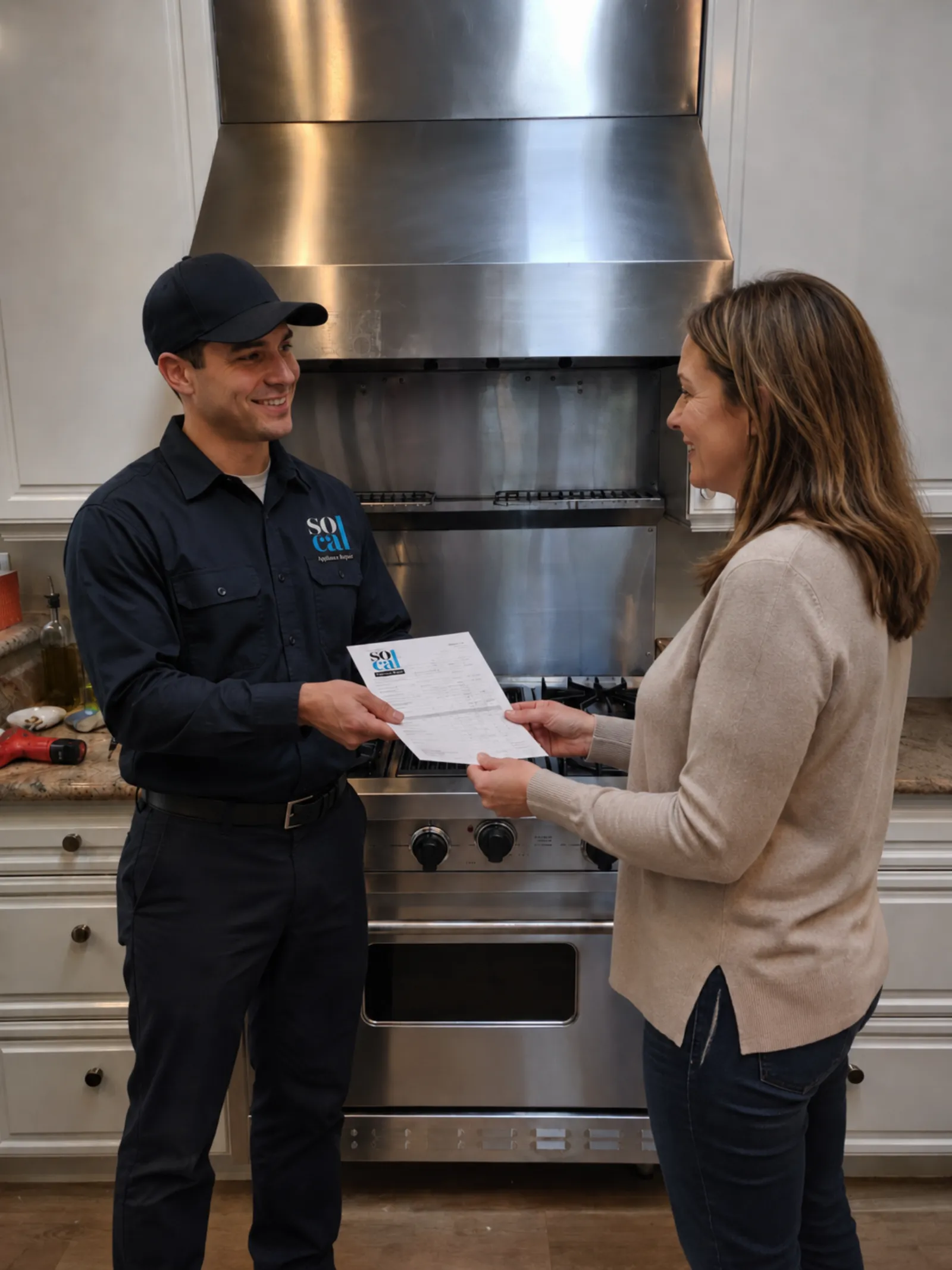 SoCal Appliance Repair Pros technician reviewing a service invoice with a customer