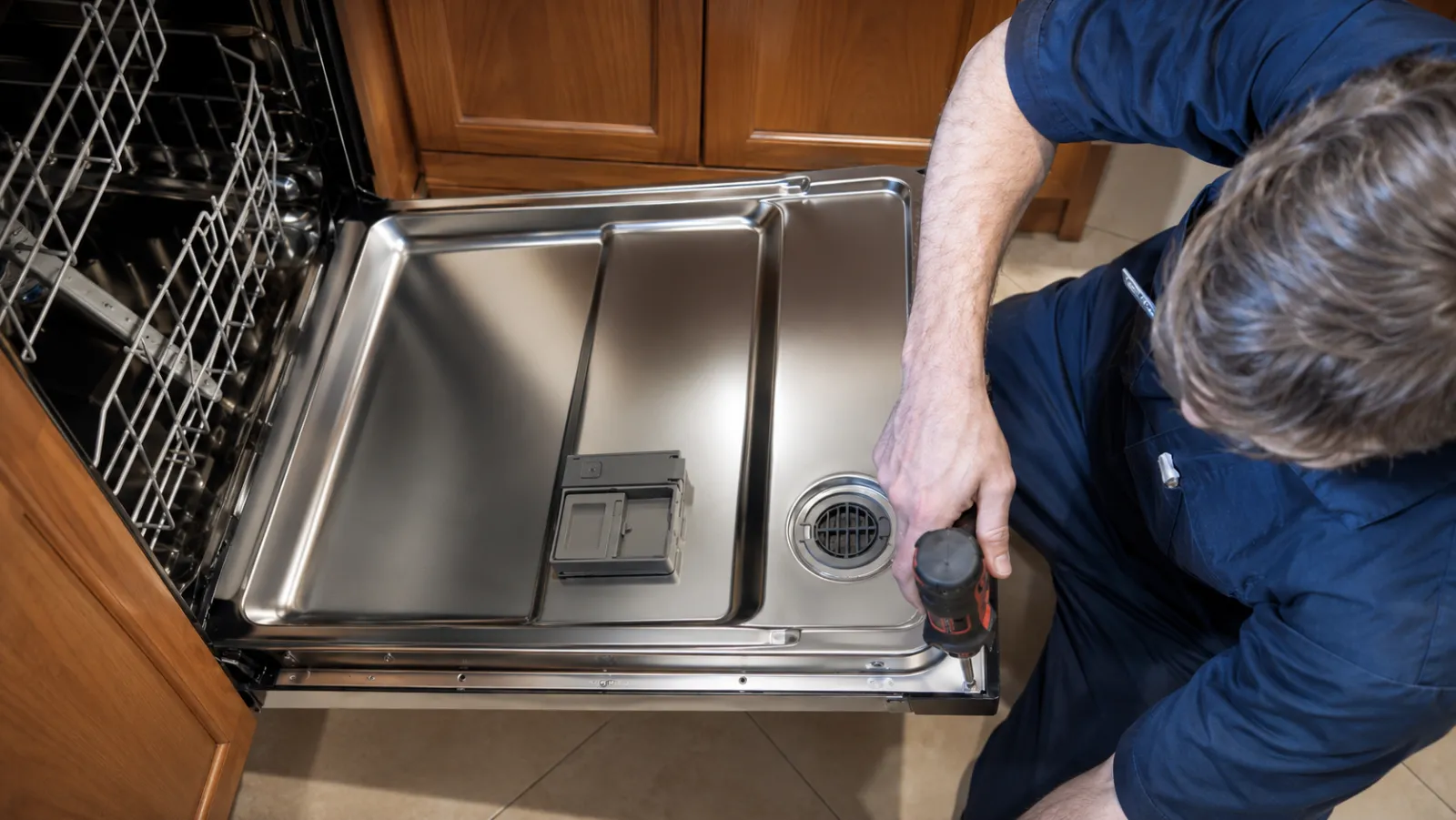 Dishwasher repair technician servicing a dishwasher in Los Angeles